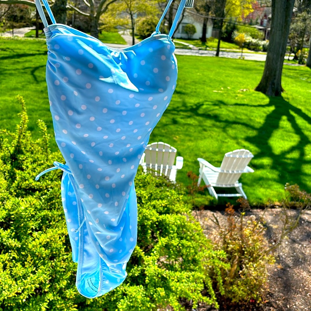 NWT- baby blue one piece swimsuit with white polkadots size Large (12-14)